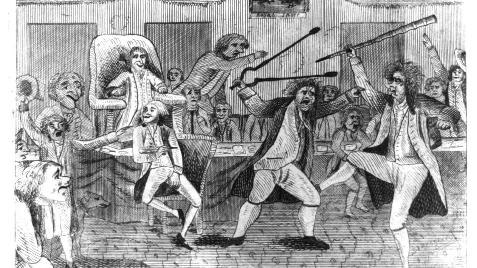 A black and white drawing of two 18th century men fighting while others look on