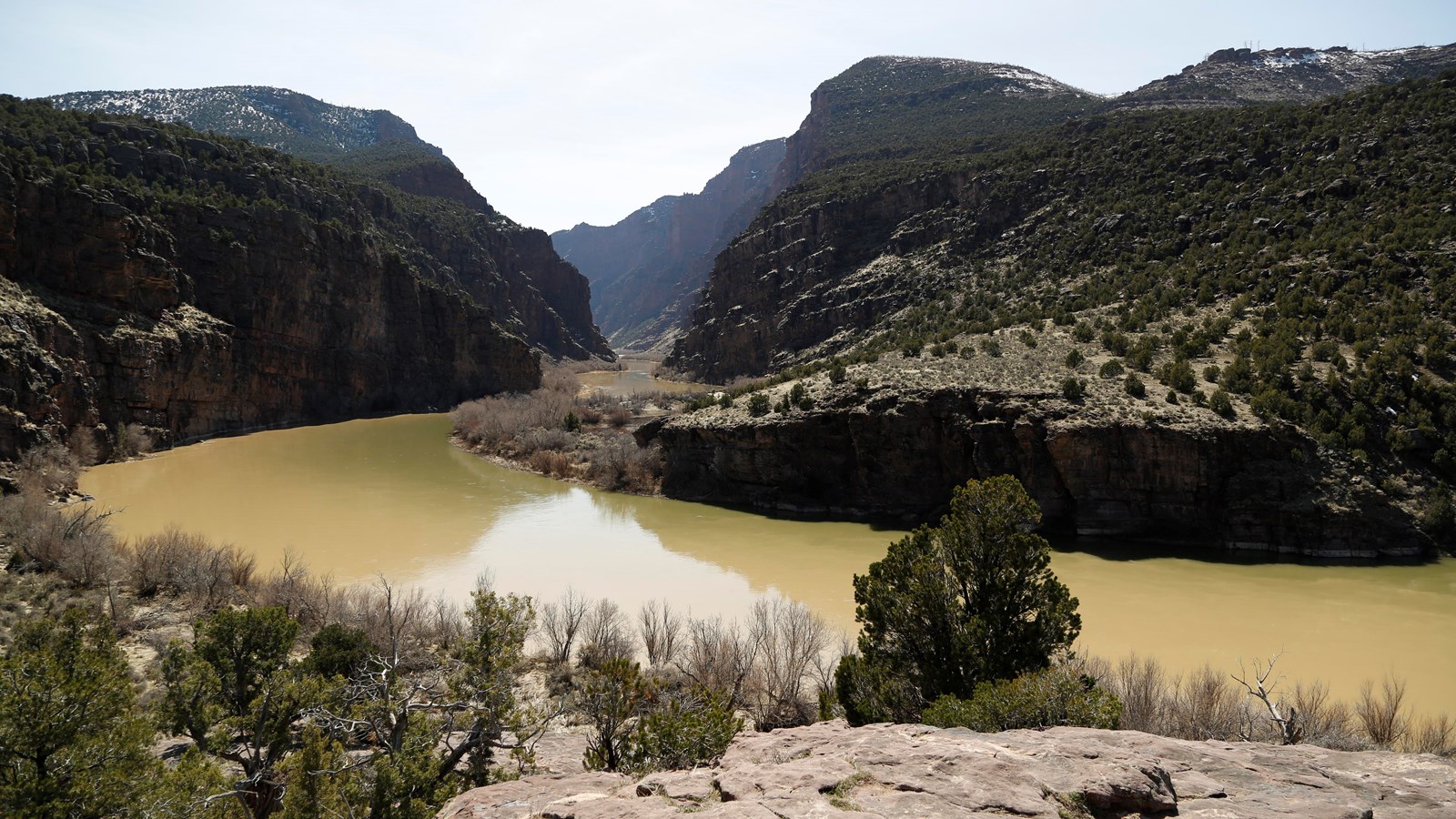 A vista of a muddy river entering a steep-walled canyon.