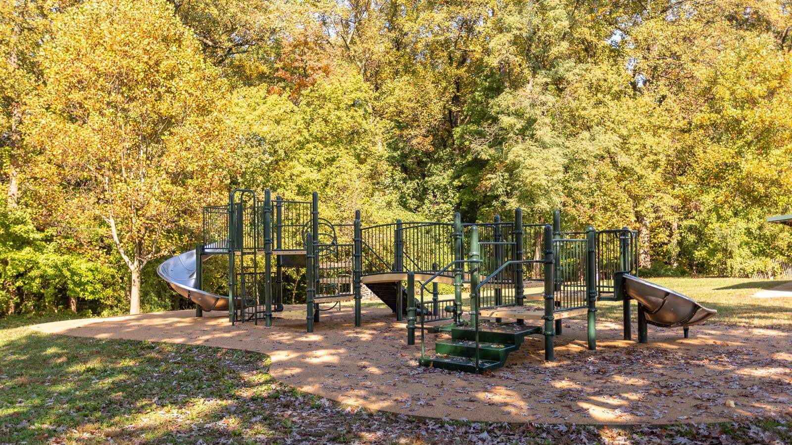 A jungle gym in front of a wooded area.