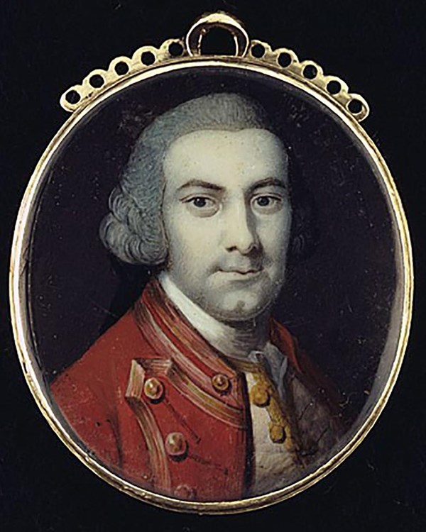 A portrait of an older man with a powdered wig and ornate jacket. 