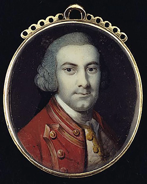 A portrait of an older man with a powdered wig and ornate jacket.
