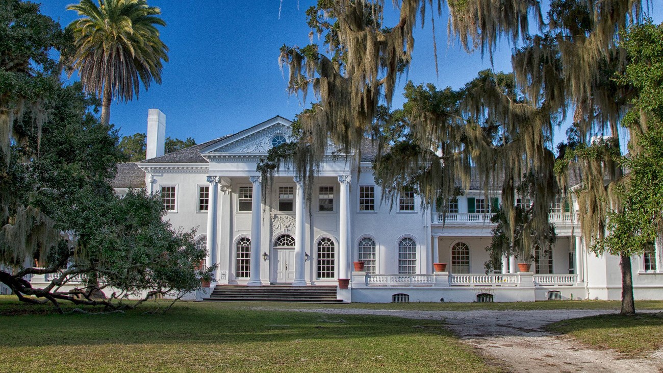 Large historic mansion and live oak trees with Spanish moss hanging down.