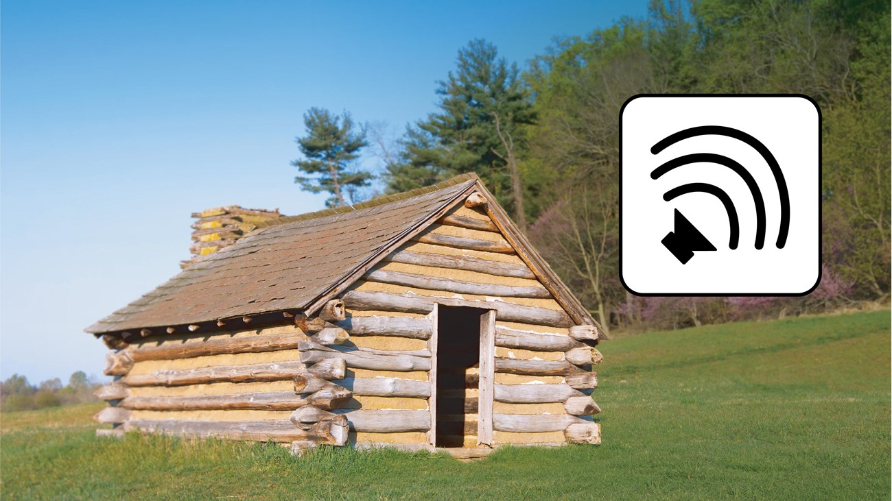 a log hut with flowering trees and a graphic showing sound lines emitted by a speaker
