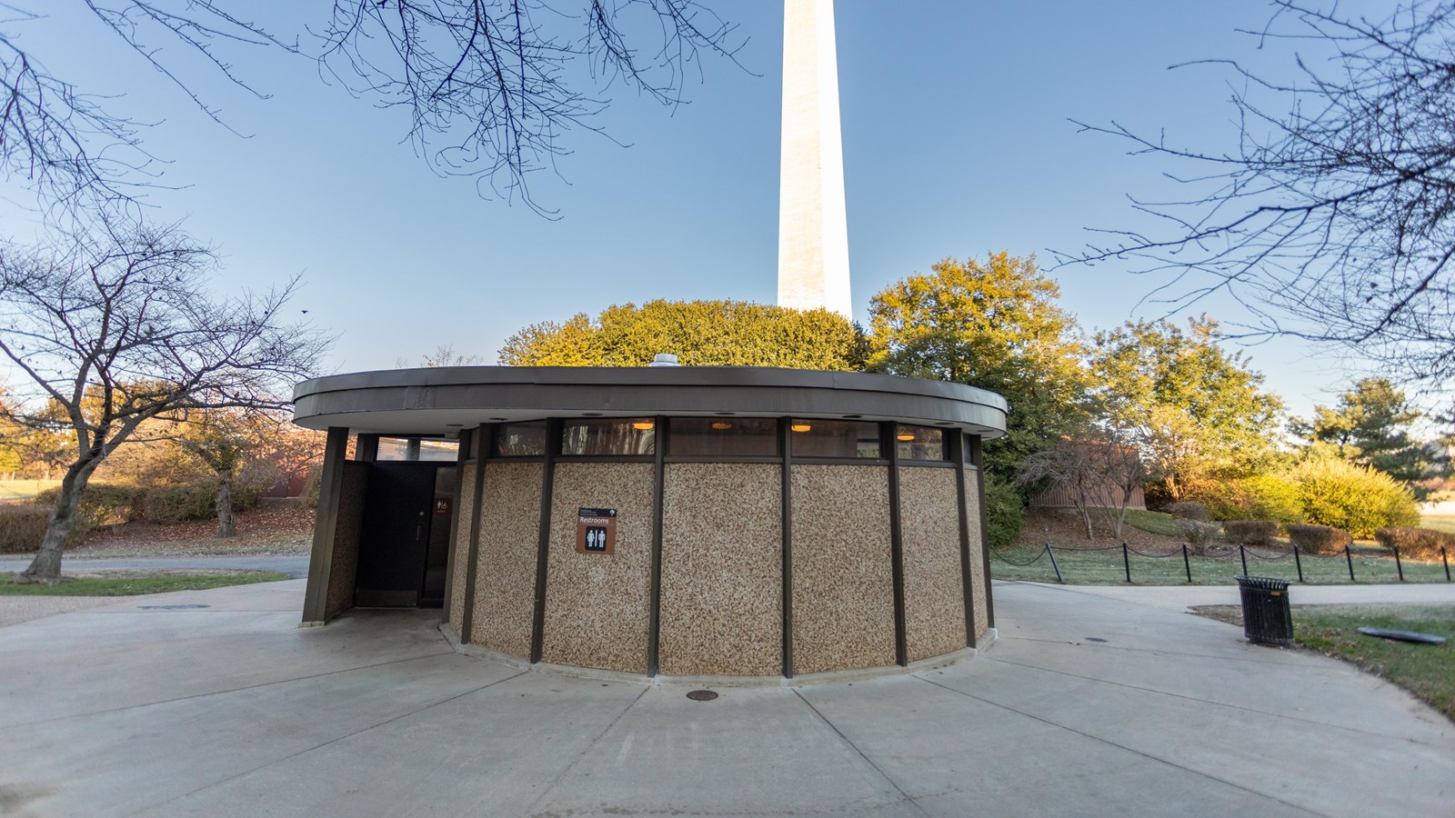 A circular restroom building.
