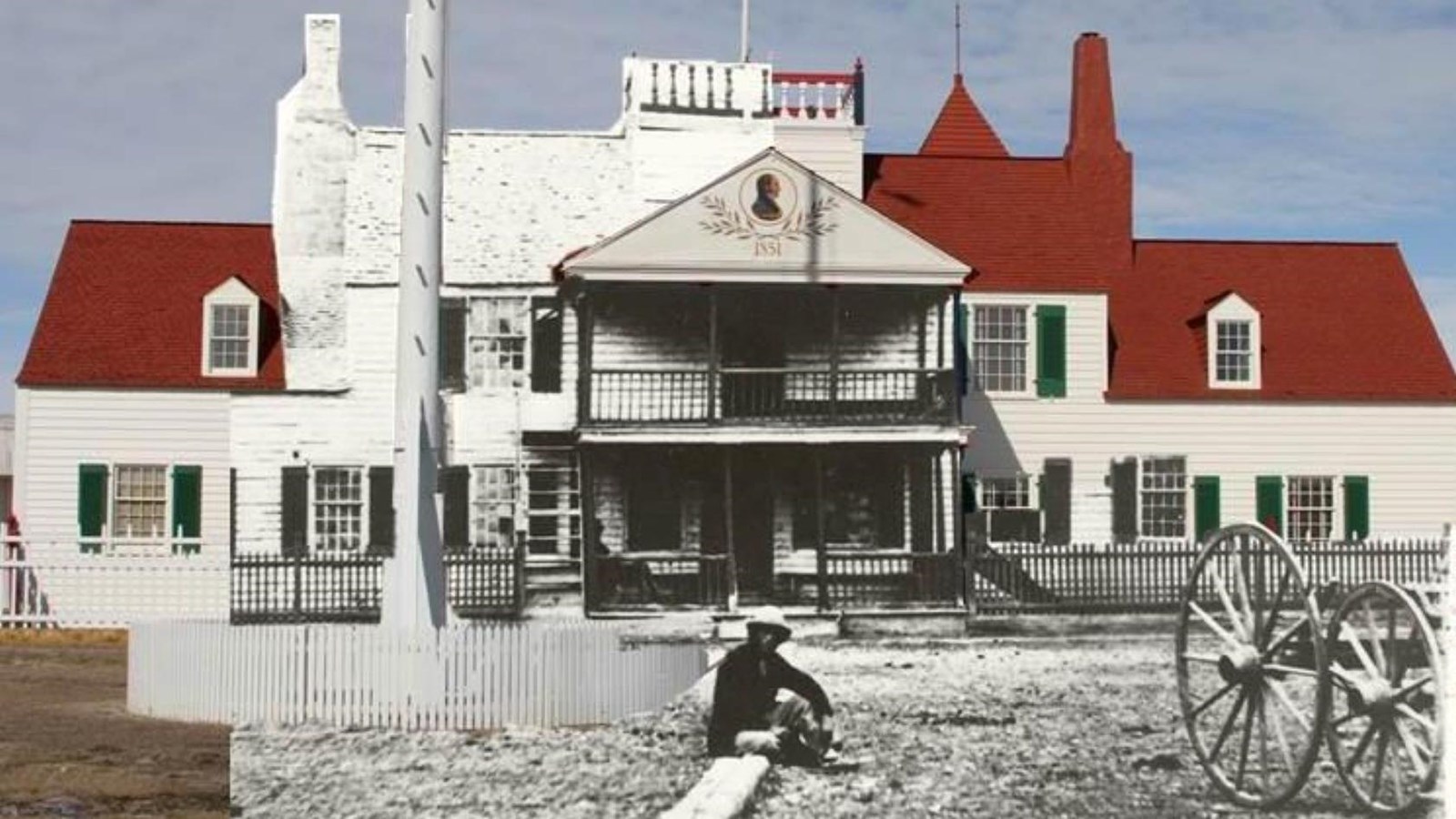 Color photograph with historic sepia image superimposed on top of house image 