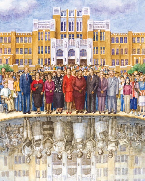This painting shows the Little Rock Nine in 1957 and 2007 surrounded by Central High and students.