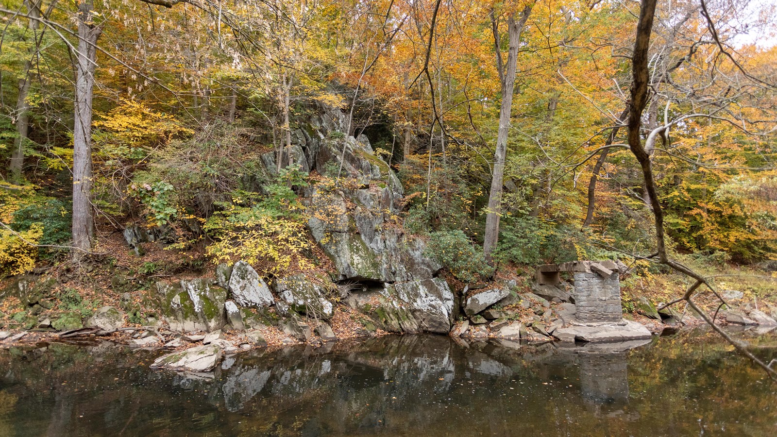 A rocky embankment next to a river.