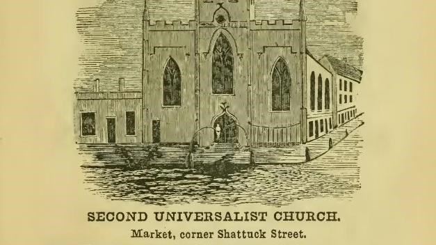 Sketch of church with one tall spire, a street of building stretch behind it. 