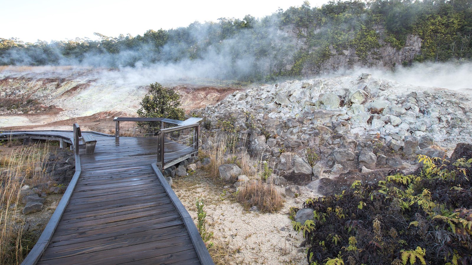 Steam rises from mineral deposits in front of a boardwalk