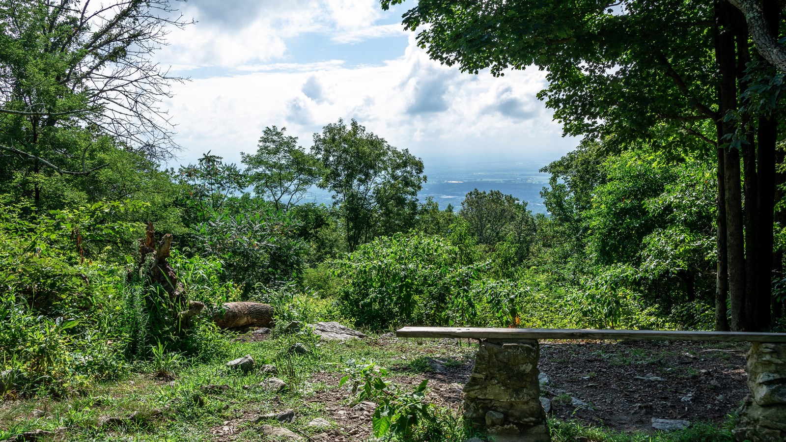 A bench sits in a gravel clearing in front of an overlook facing farms and towns.