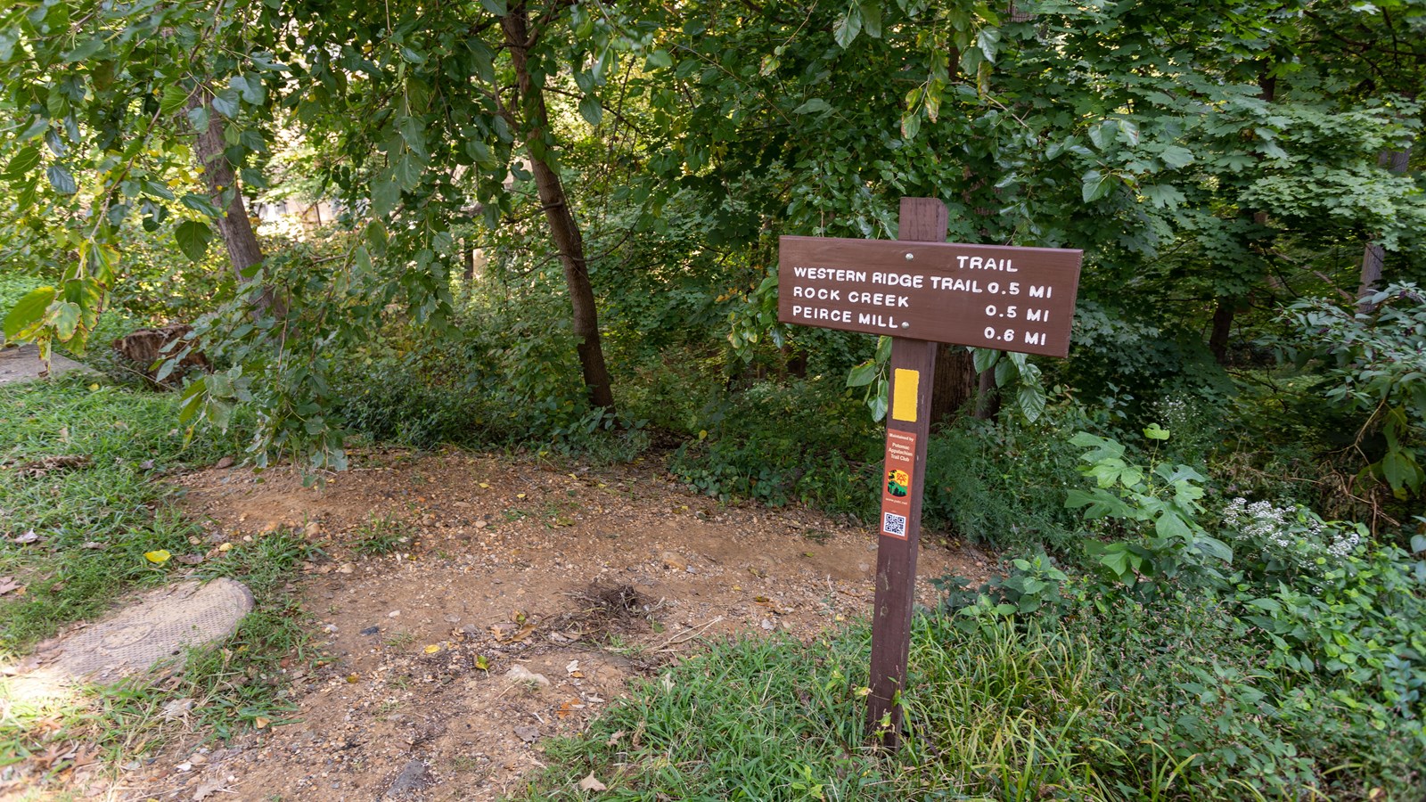 A trail marker sign in front of a trail surrounded by woods