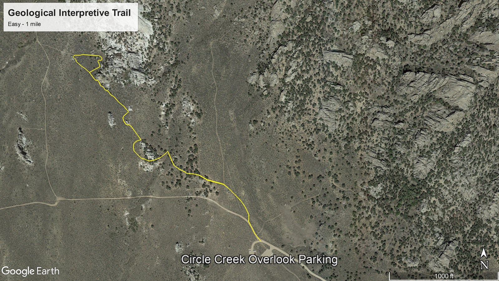 Satellite map highlighting this trail, starting from Circle Creek Overlook Parking.
