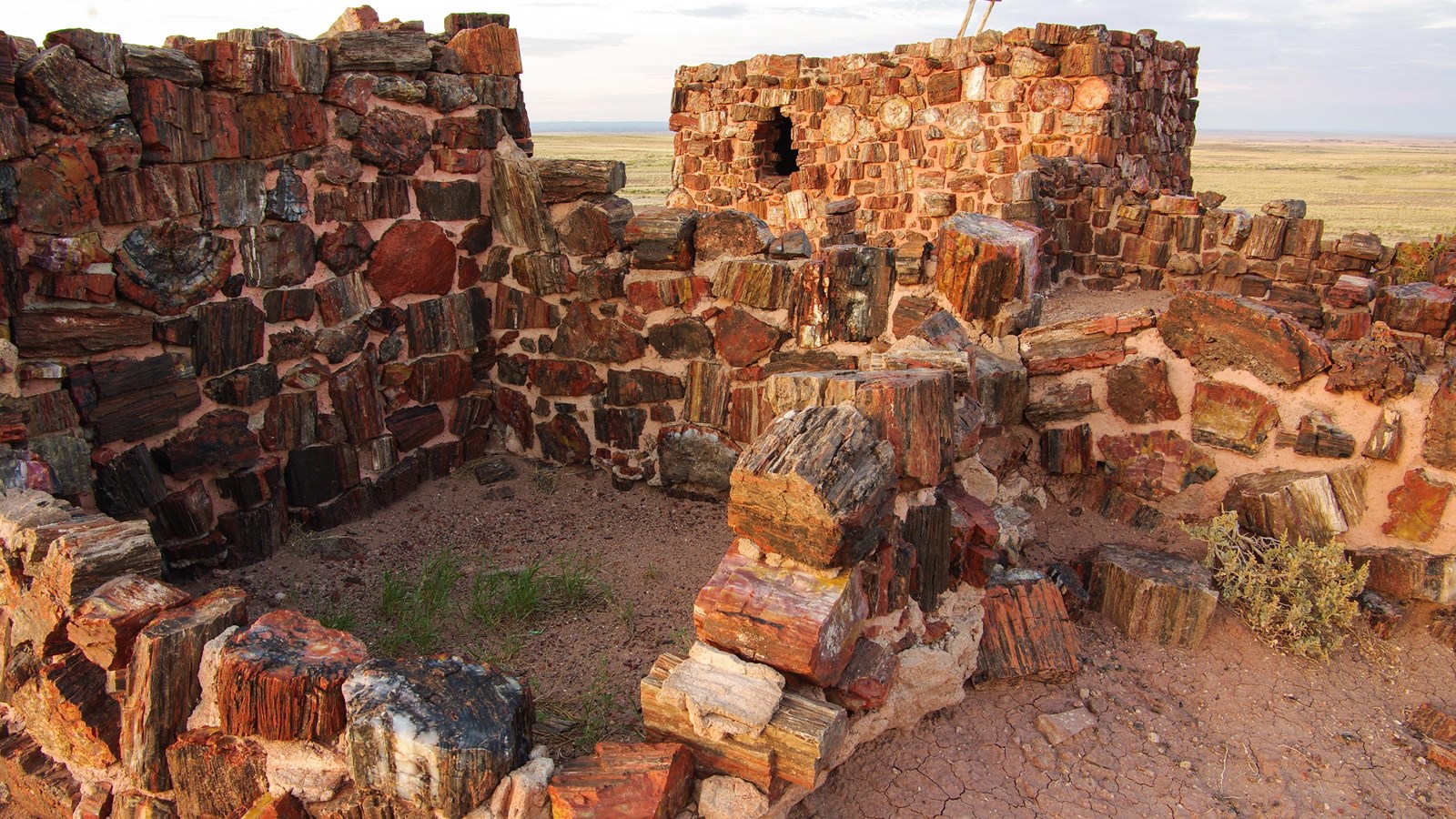 Reconstructed Ancestral Puebloan village of petrified wood pieces.
