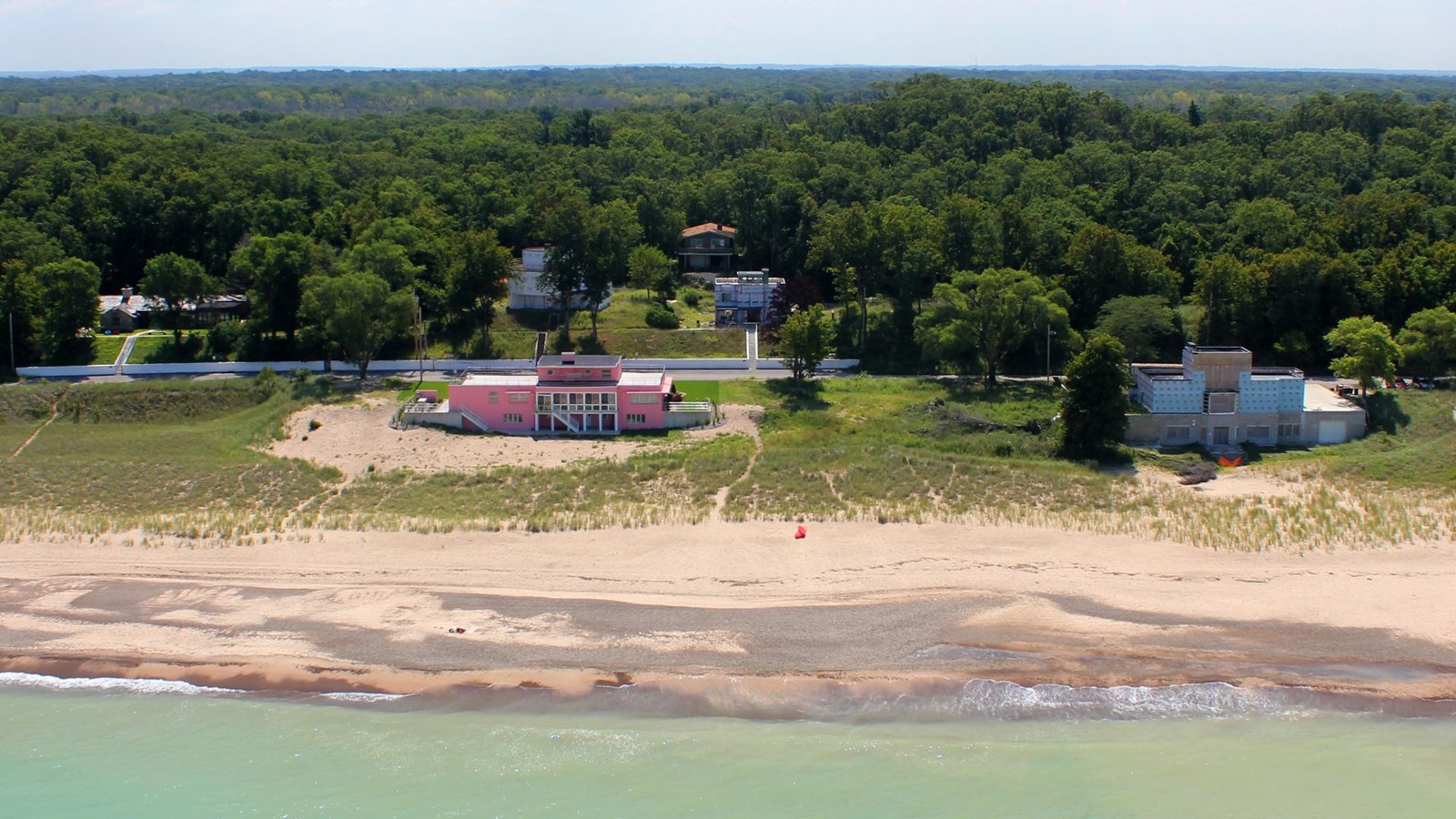 Aerial view looking south from the Lake at the Century of Progress Homes.