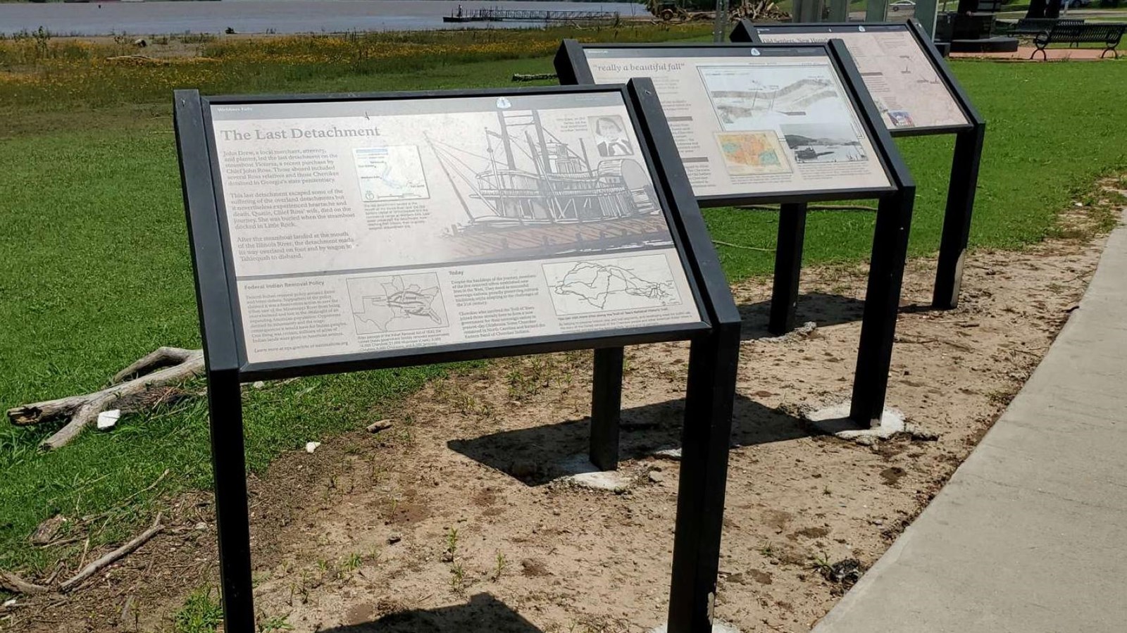 three interpretive waysides on the banks of the Arkansas River in Webbers Falls Oklahoma