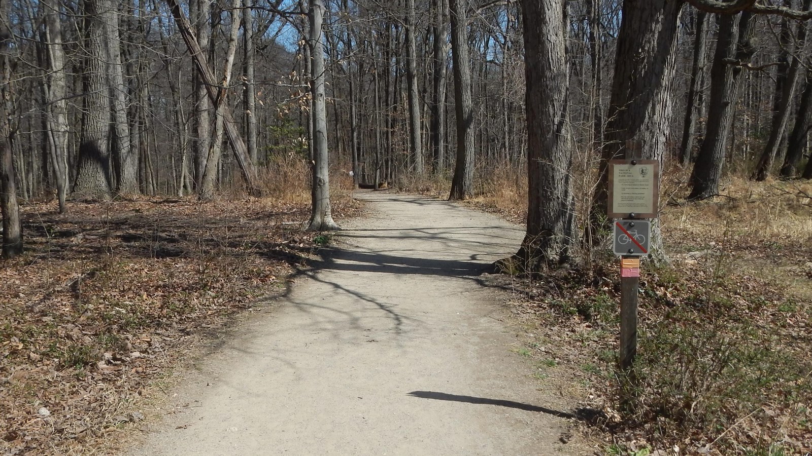 A trail leading into the trees. A sign is just off the right hand edge of the packed dirt trail.