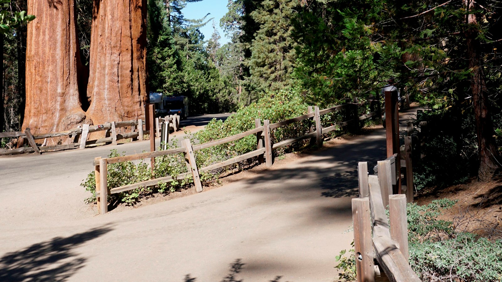 An aspalt path forks in two directions. The left is to the parking lot , the right is to the trail 