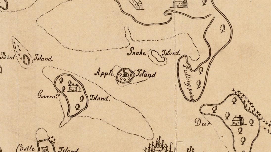 Image of a hand drrawn map of Boston Harbor showing islands that are no longer present