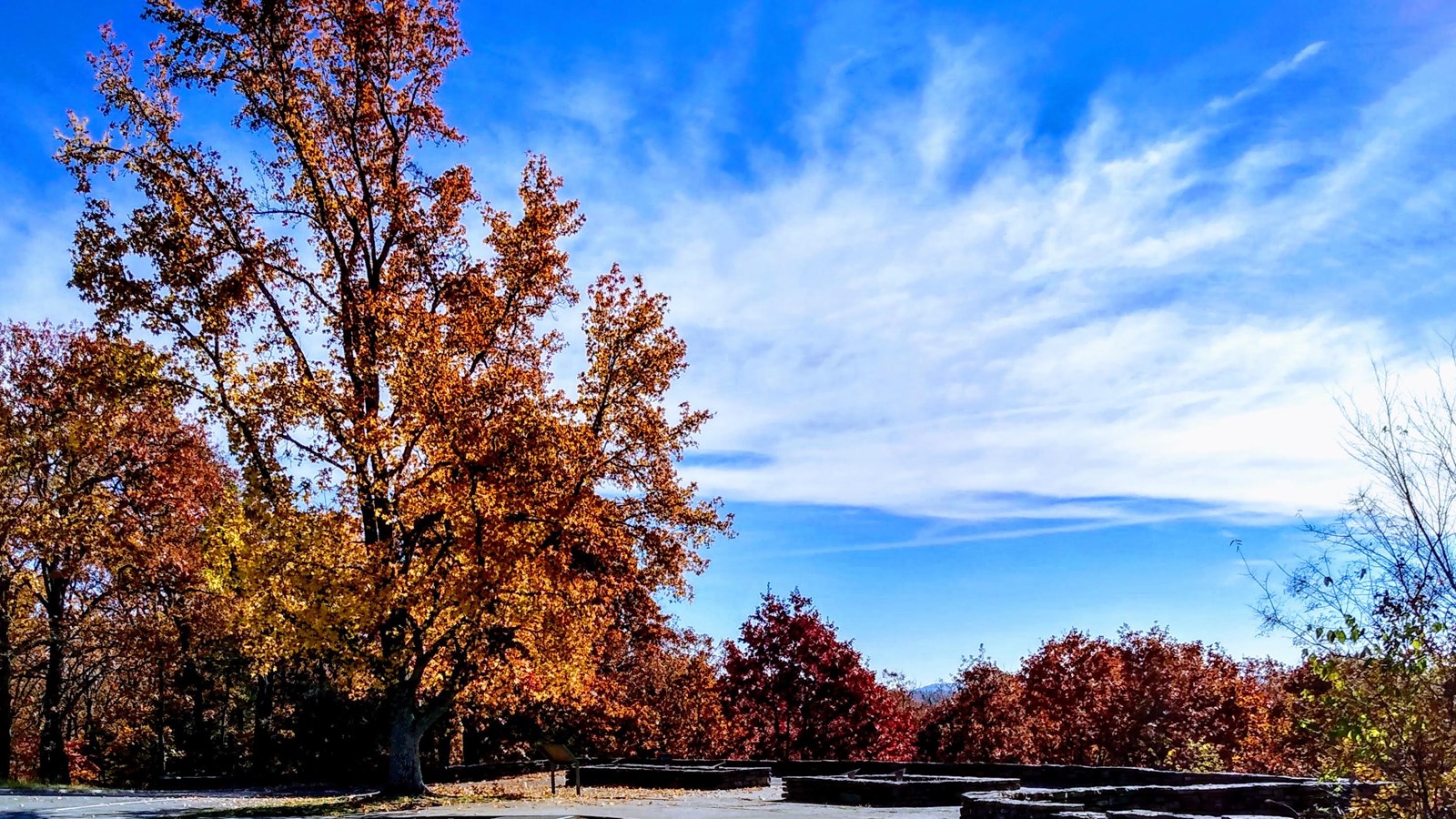 Photo of paved lot with rock planters with some trees in the distance view of mountains.