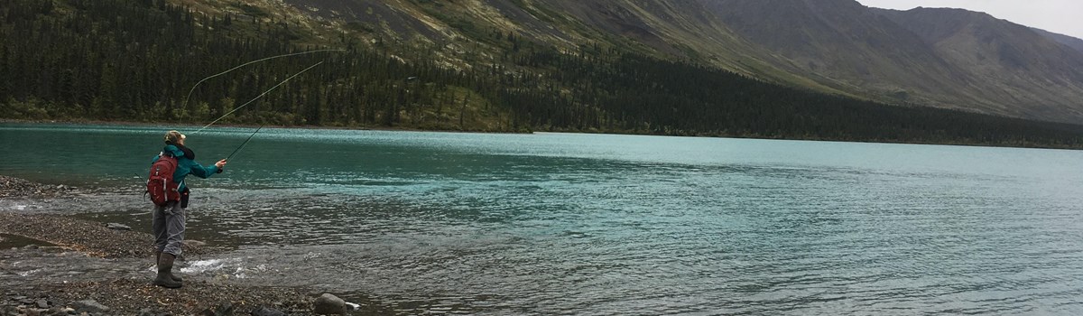 a person fly fishes on a turquoise lake during an overcast day, with mountains in the distance
