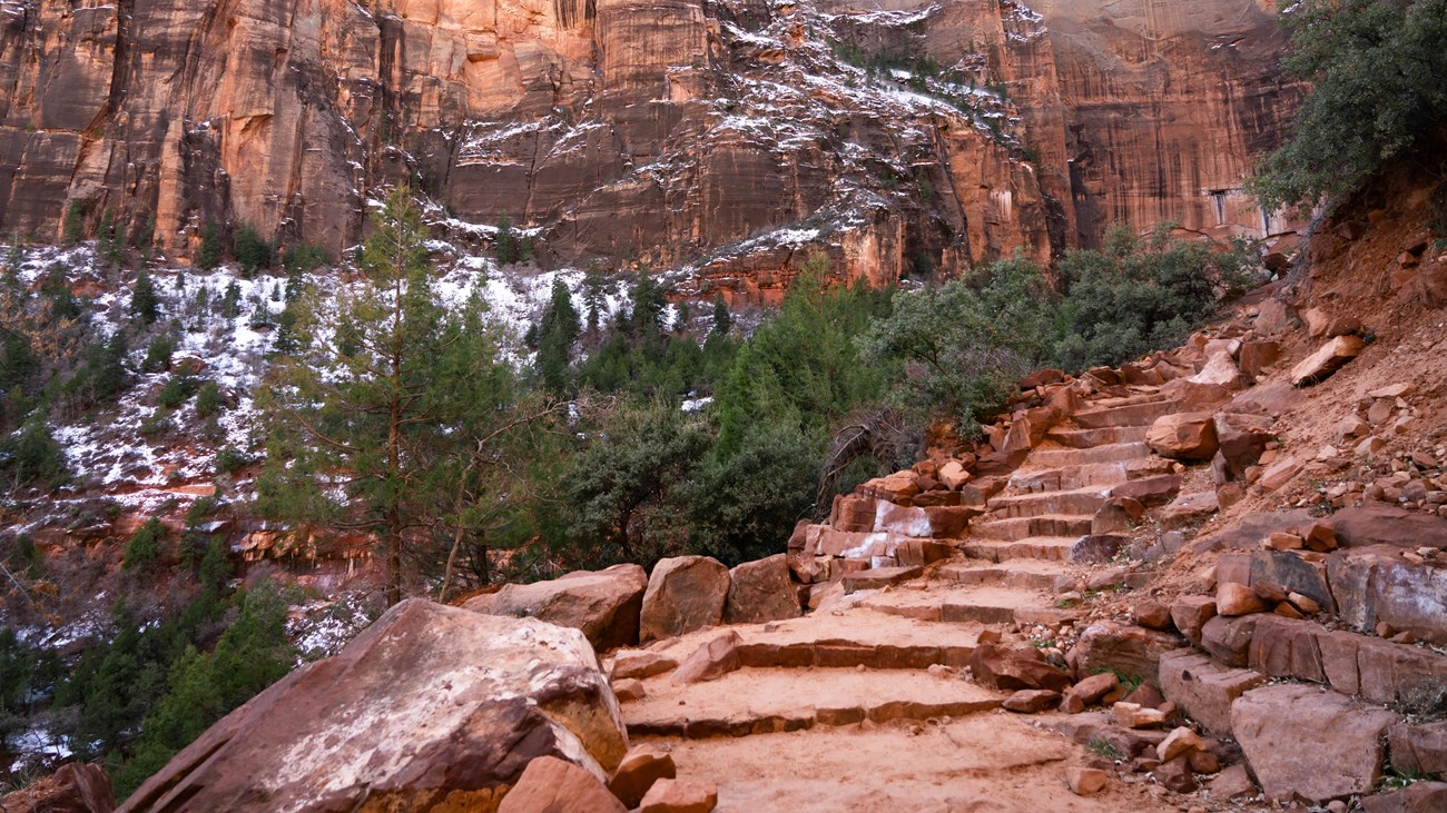 A set of red sandstone stairs lined with loose rocks and green foliage leads out of frame.