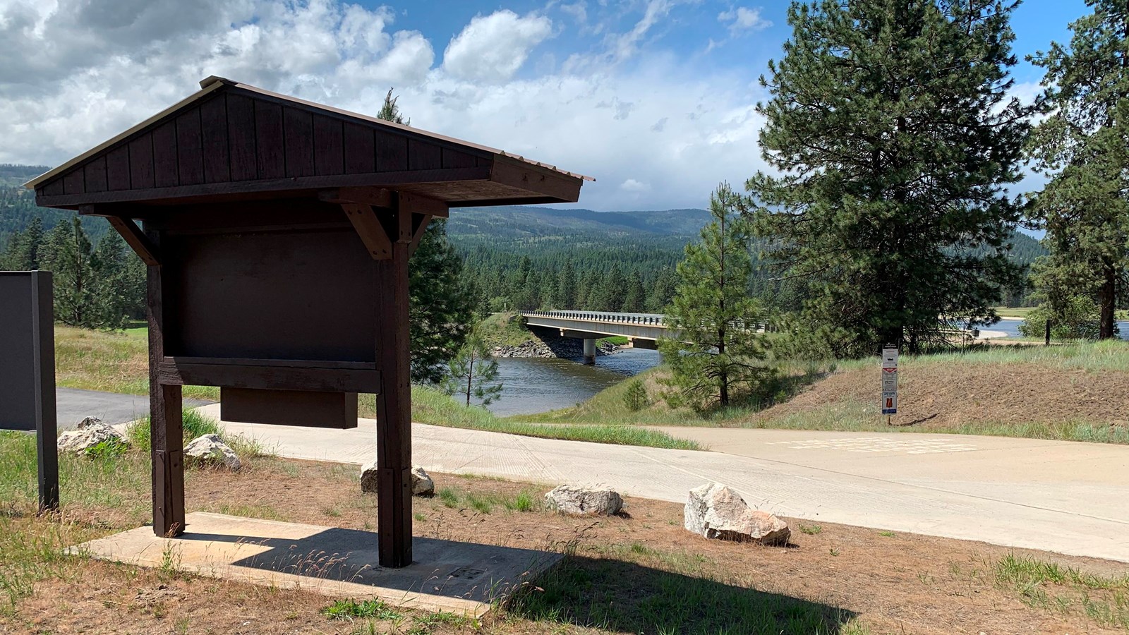A view of the paved boat launch and information kiosk at Napoleon Bridge.