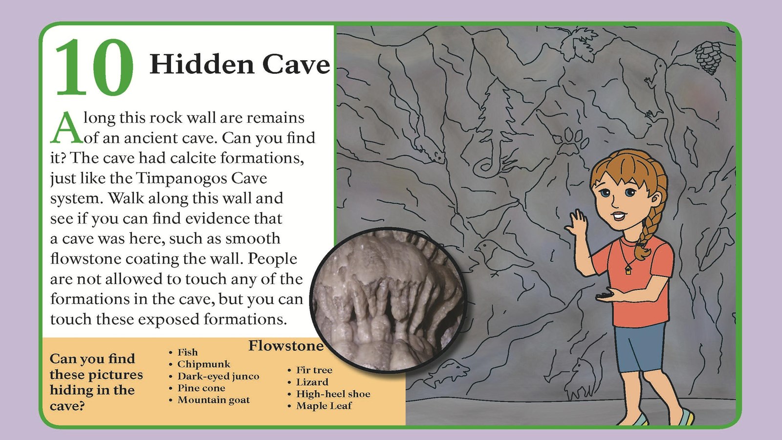 Illustrated young girl stands in front of a wall with hidden images