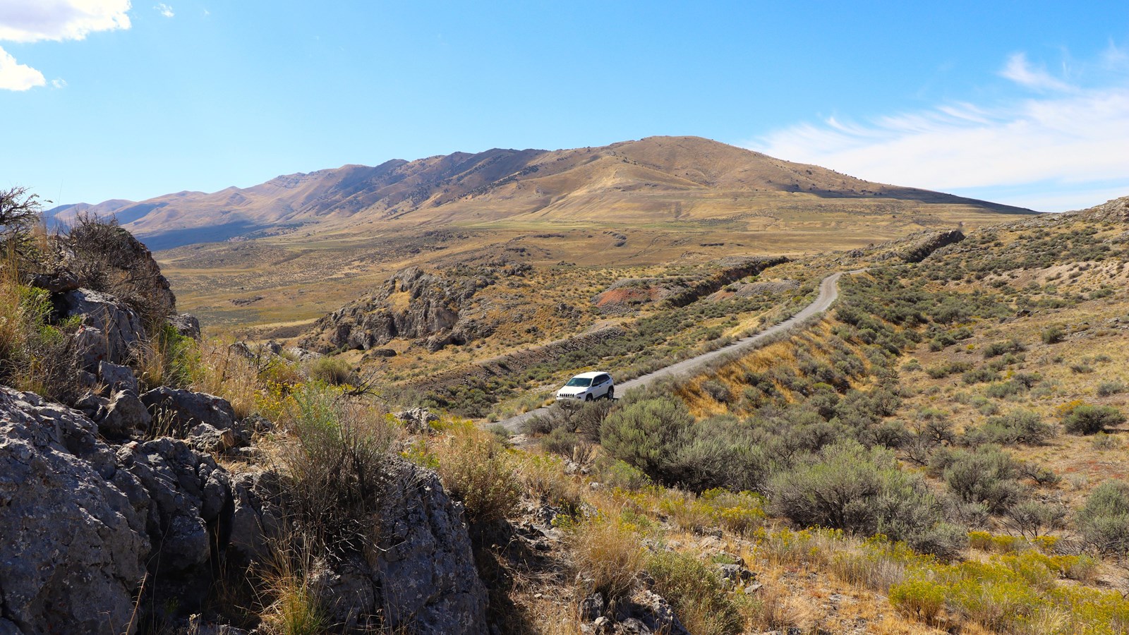 Gravel road among yellow and green sagebrush, views of vast valley mountains in distance