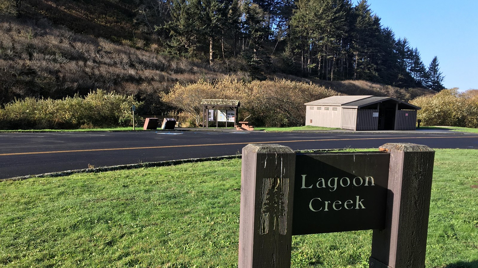 Lagoon Creek sign and parking area.