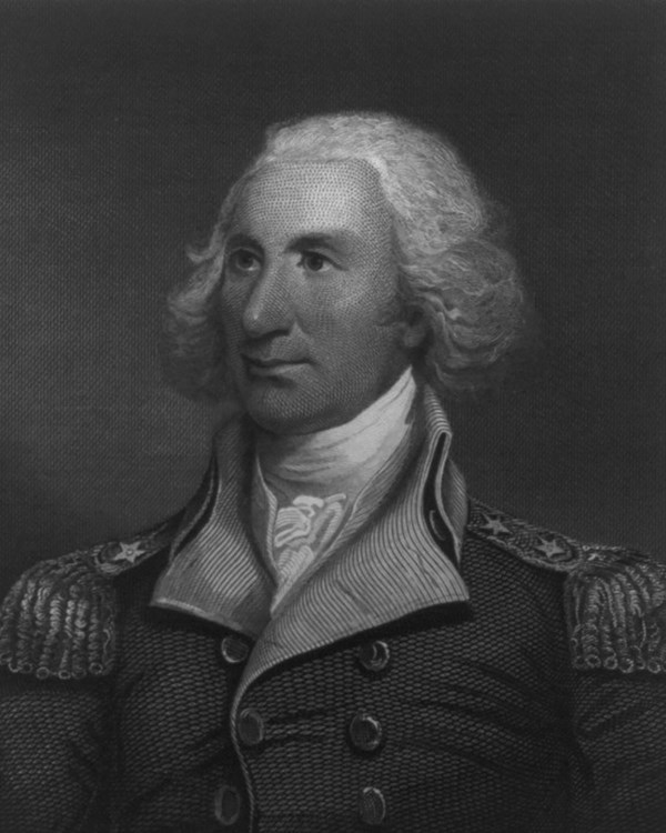 An older looking man in an elaborate Continental Army uniform.