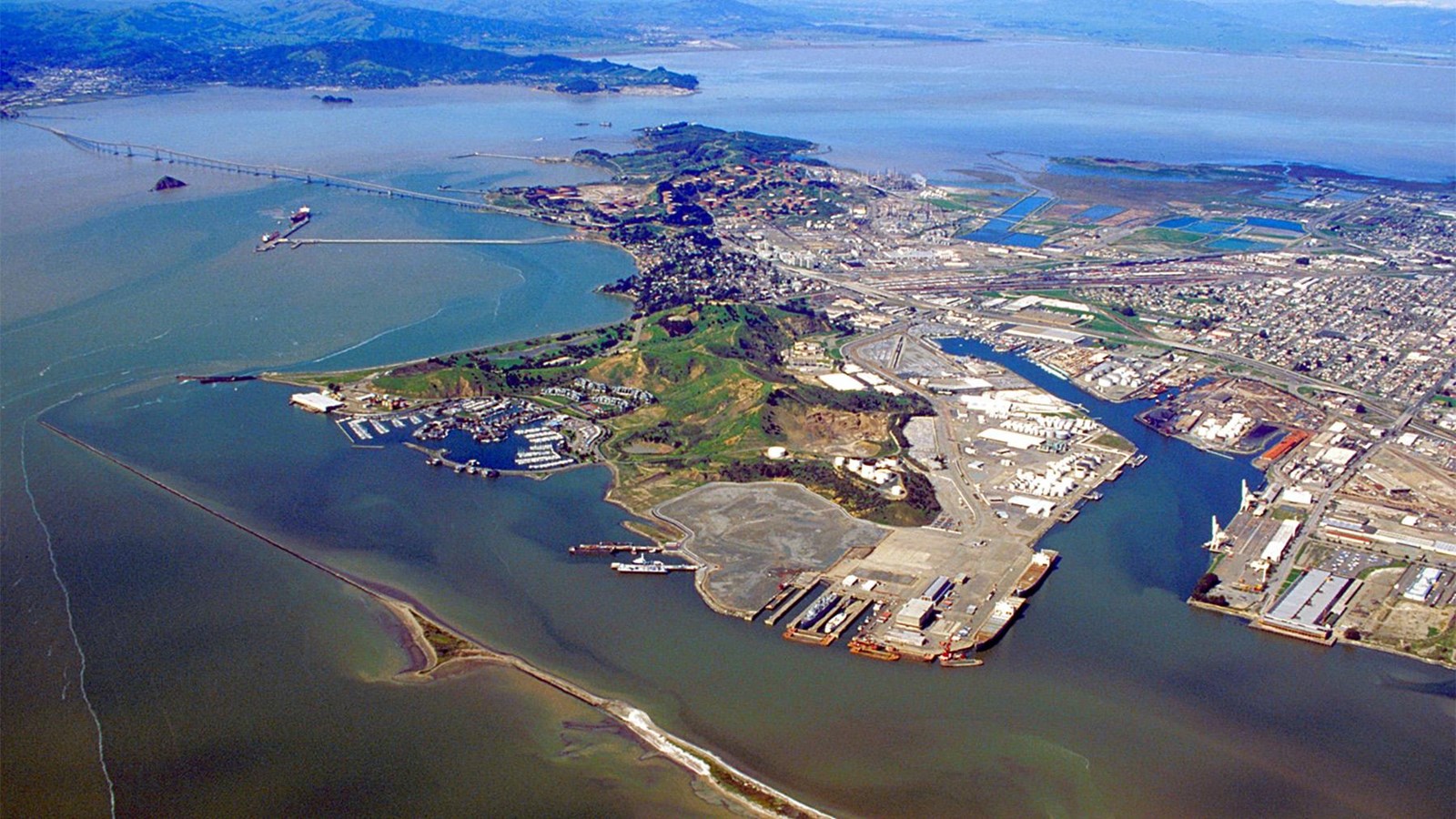 Aerial view of the city of Richmond, California. Land and water view.