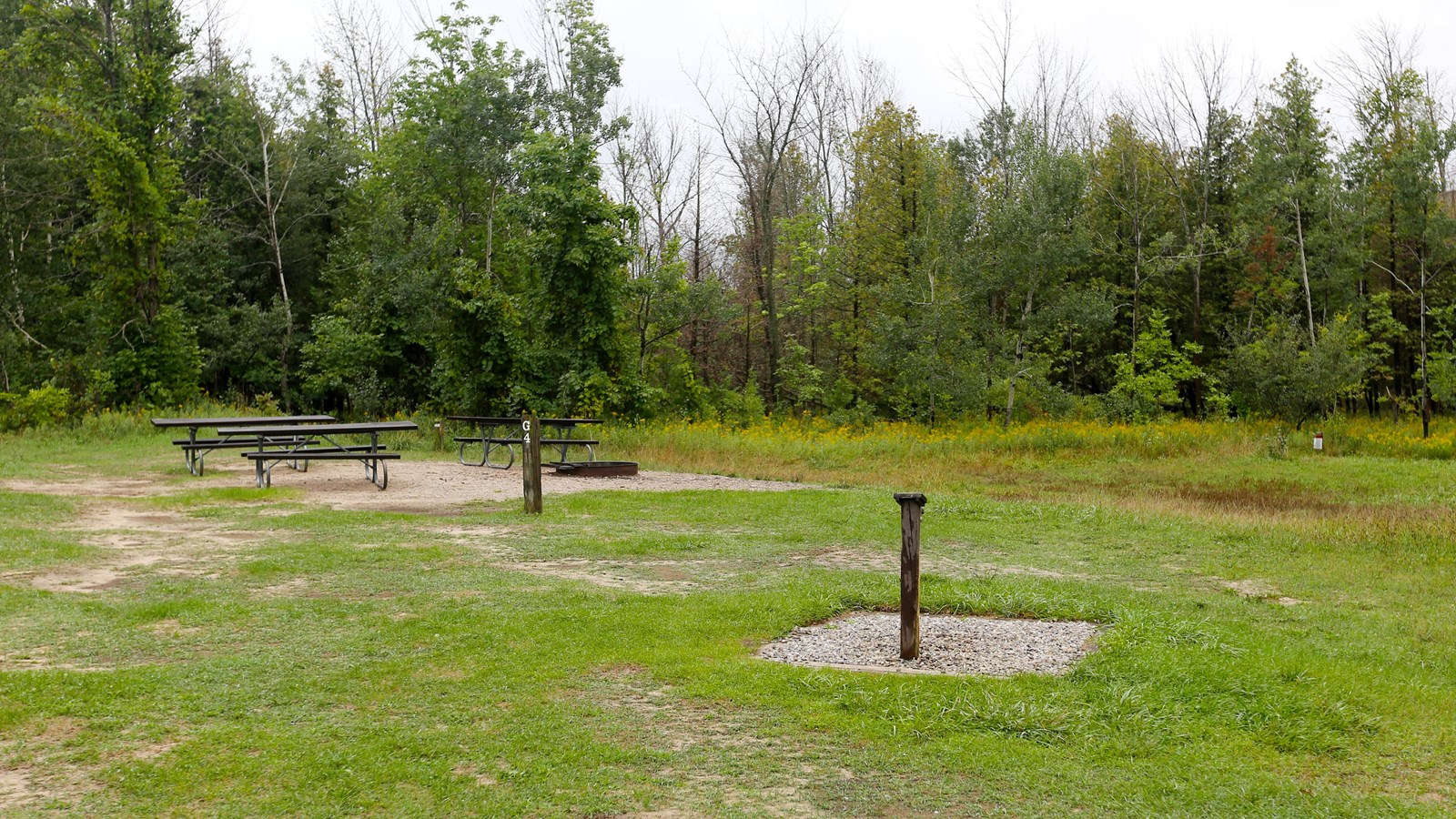 Open, grassy area with two picnic tables and a water fountain