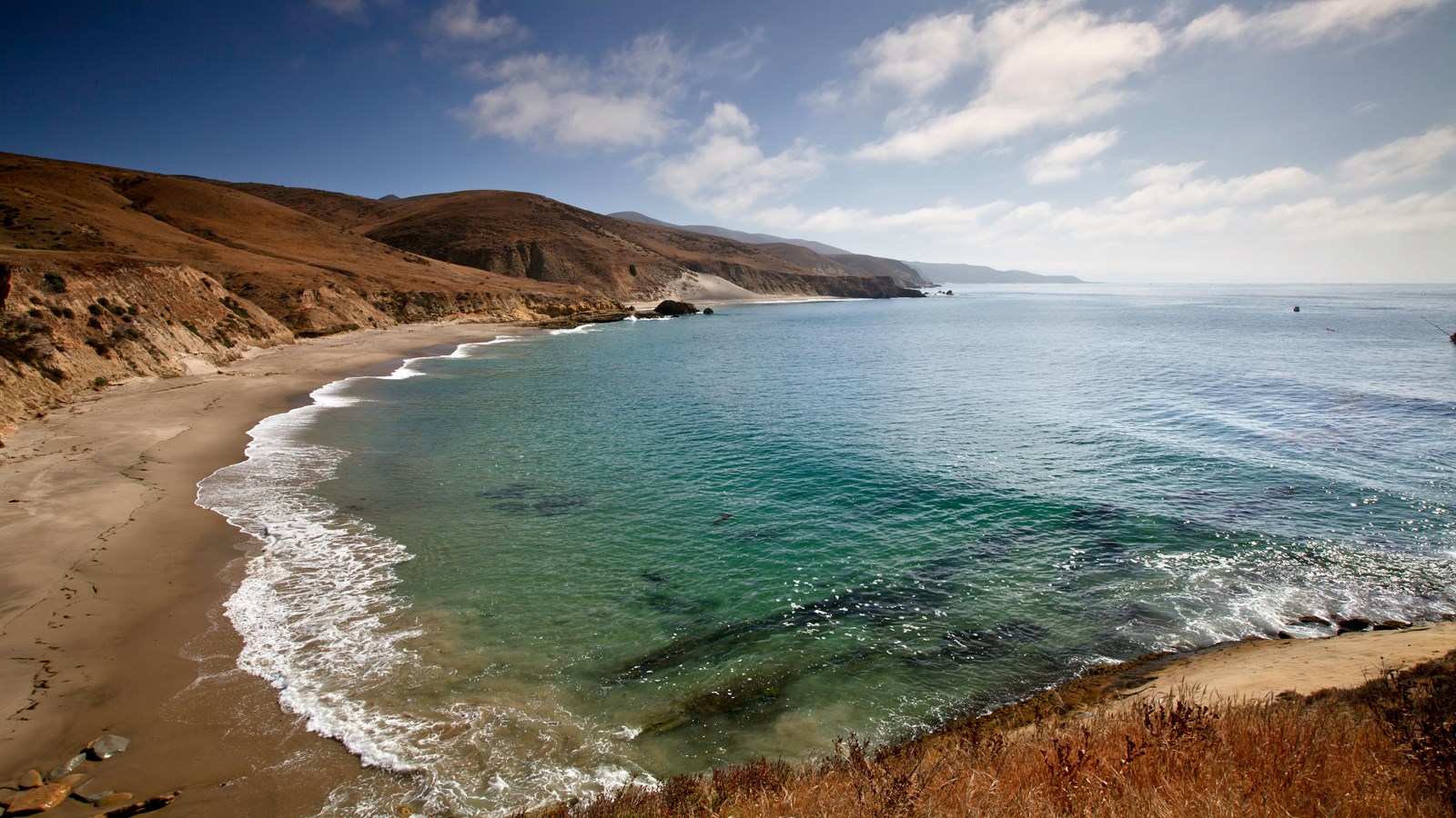 Low coastal mountains and terraces covered in dry grass leading to white sand pocket beaches.
