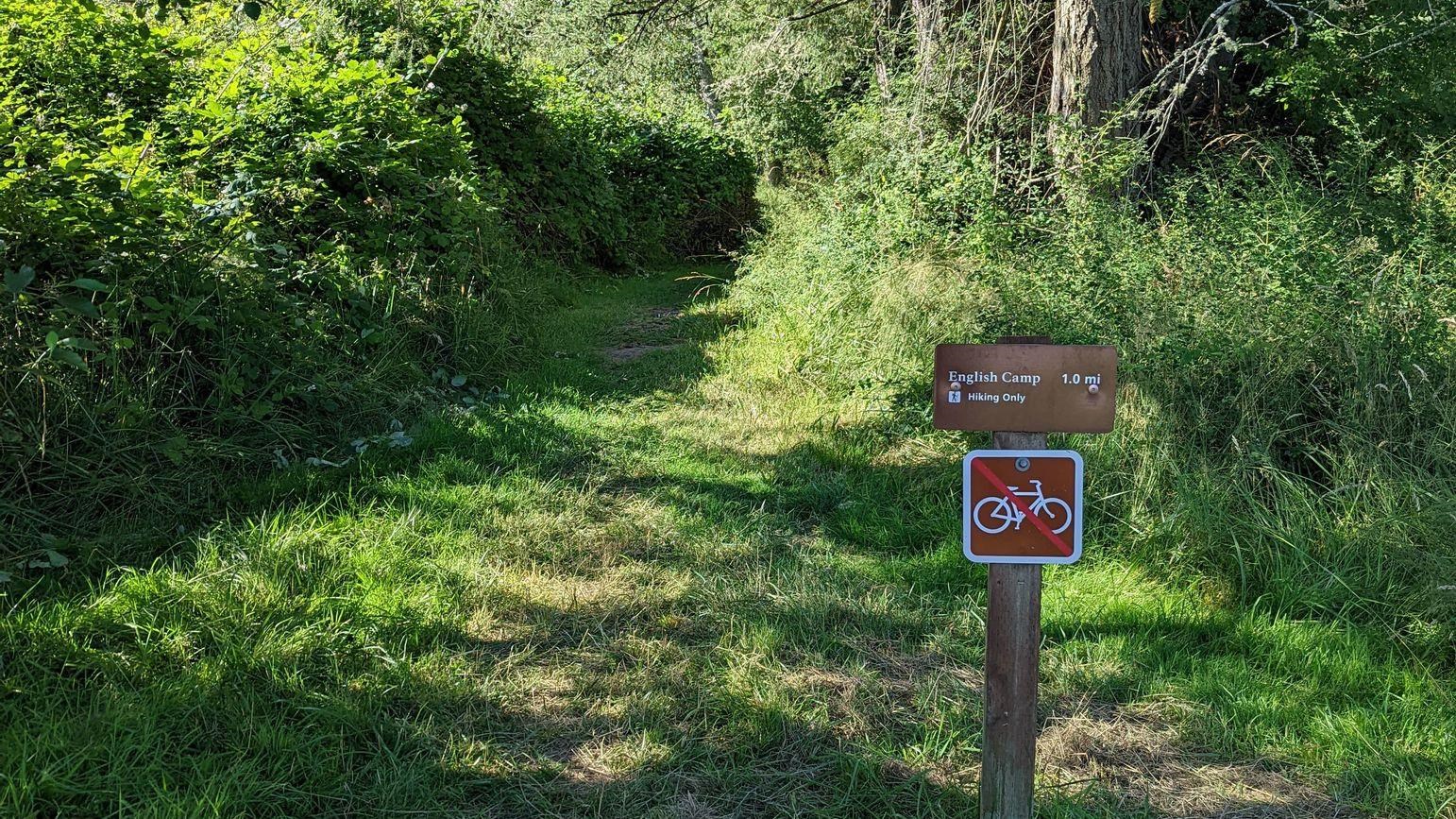 Color photo of a trail through the woods with a sign reading