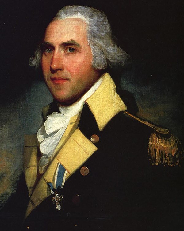A profile painting of an older man in a Continental Army uniform.