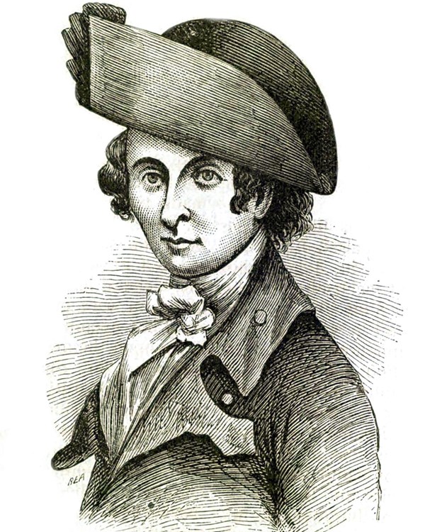 A man with short hair, a tricorn-style hat, and an 18th C, military-style uniform.
