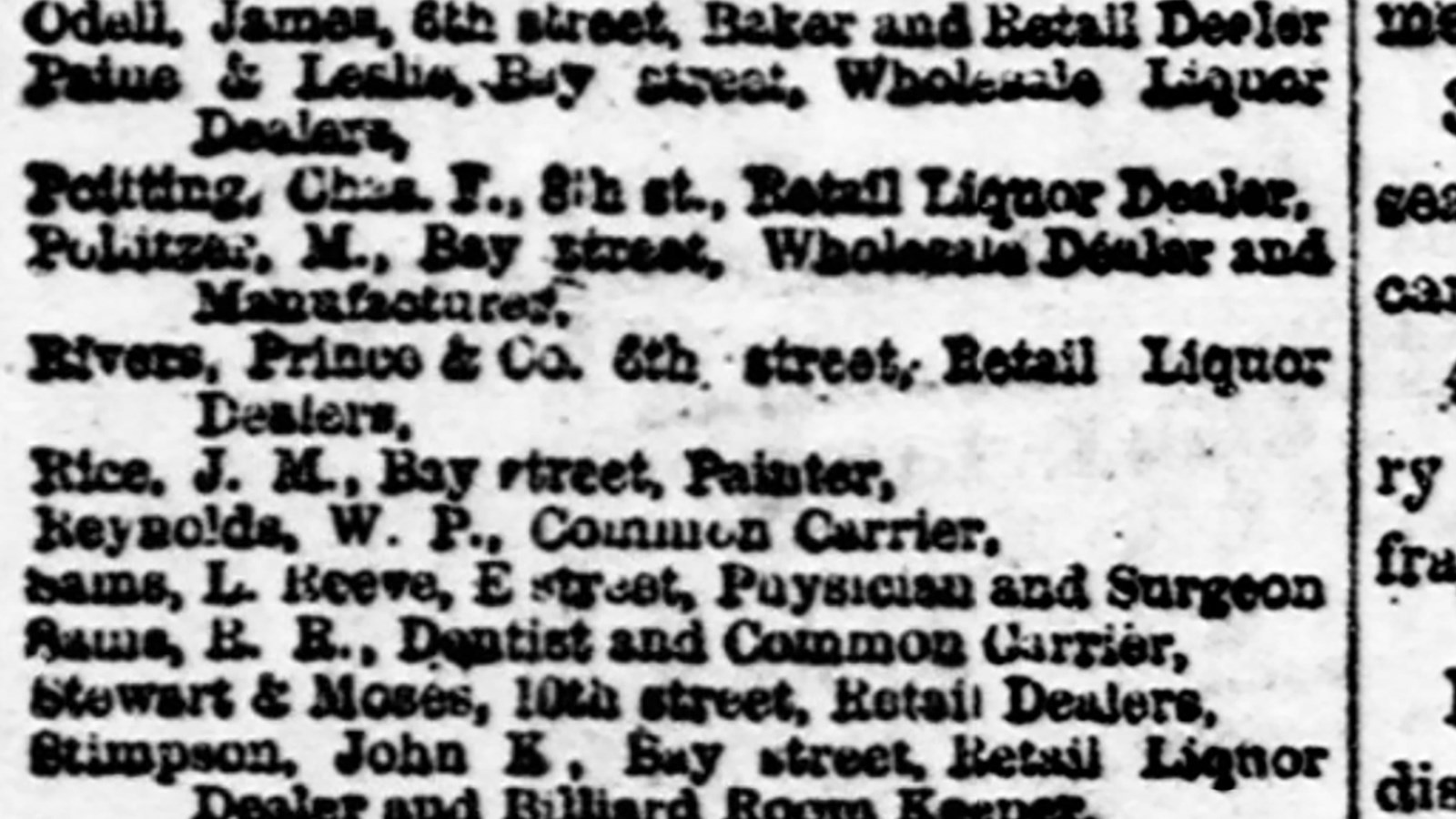 A list of businesses from the 1860s including Prince Rivers Retail Store.
