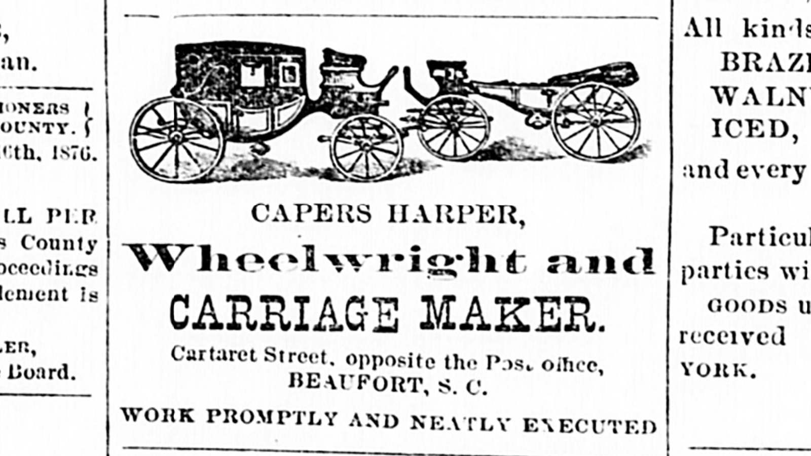 A newspaper ad for Caper Harper Wheelwright and Carriage Maker.