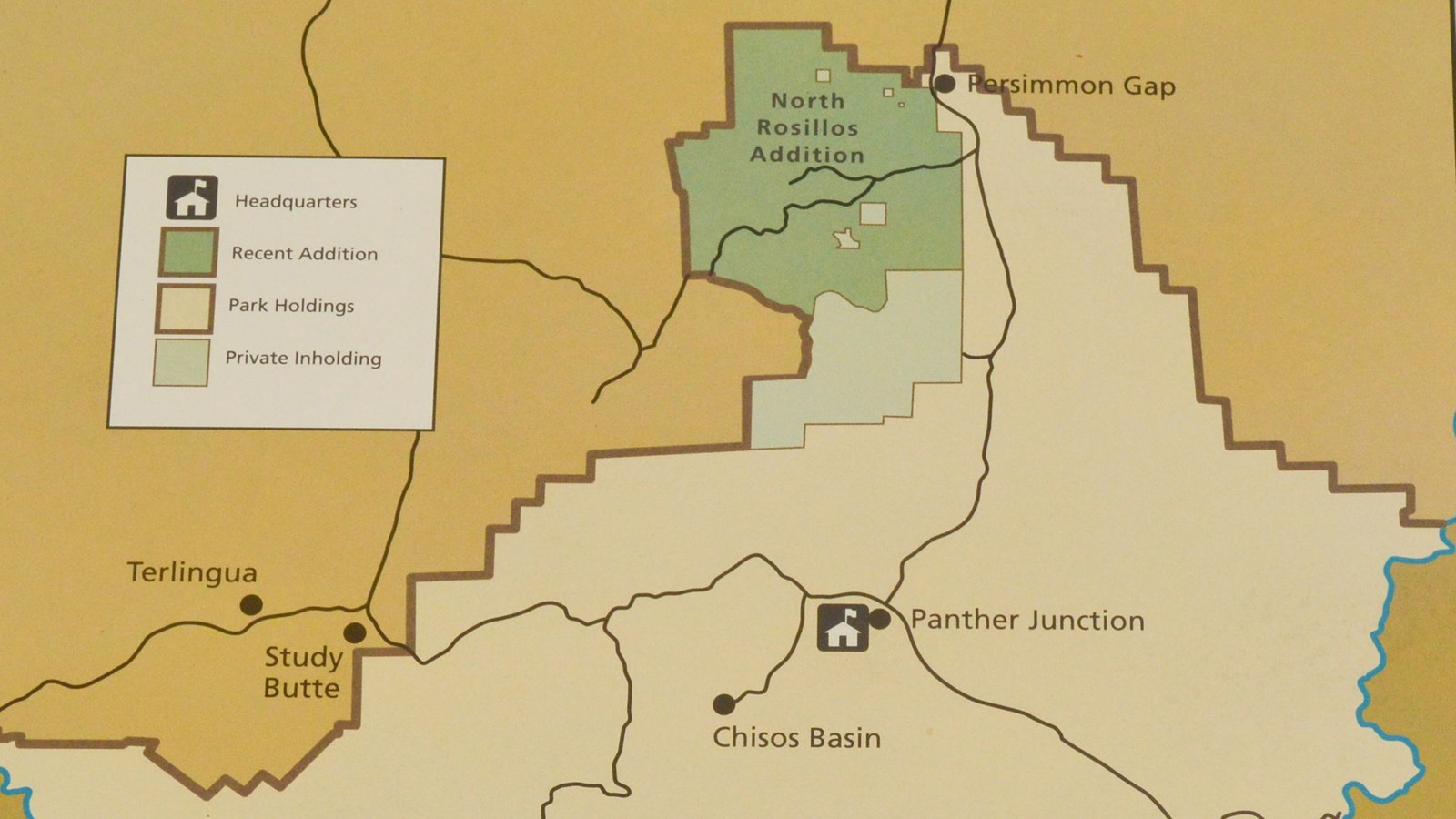 A map of the park shows the main roads and a section of land that was added in 1989.