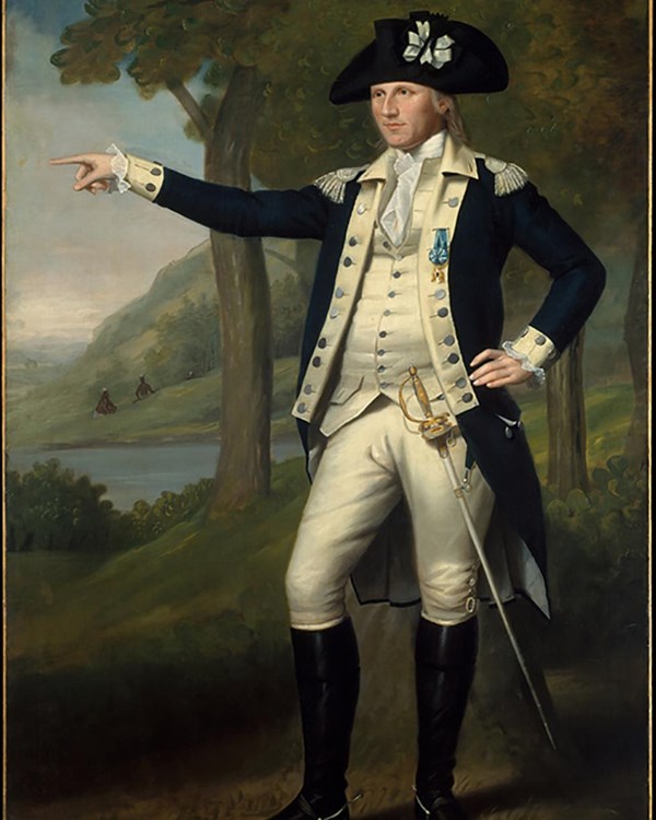 A full length view of a man in Continental Army Uniform. Pointing off to the west, sword at his side