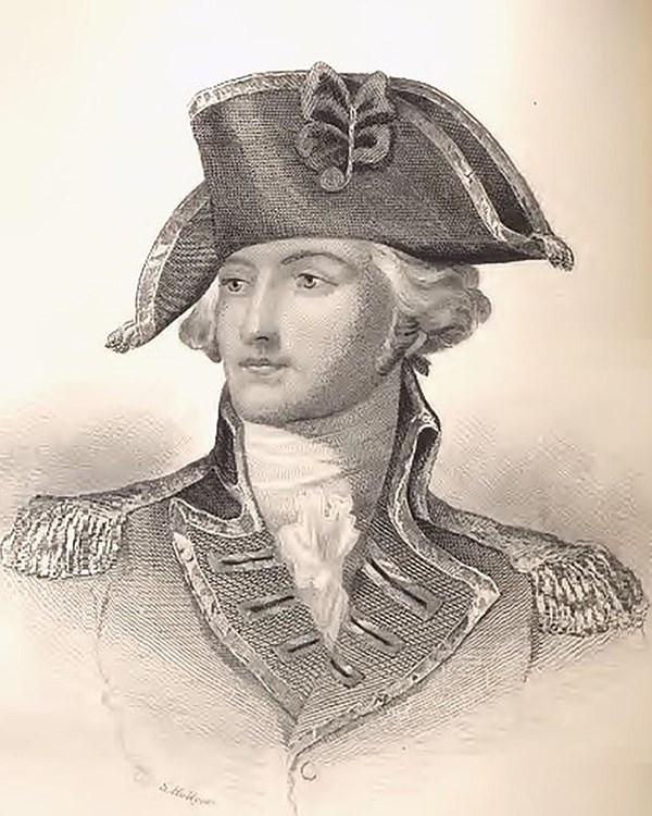 A younger looking man in an 18th C military uniform. He has sharp features.