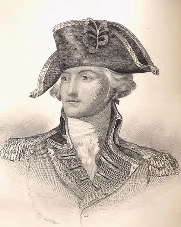A younger looking man in an 18th C military uniform. He has sharp features.