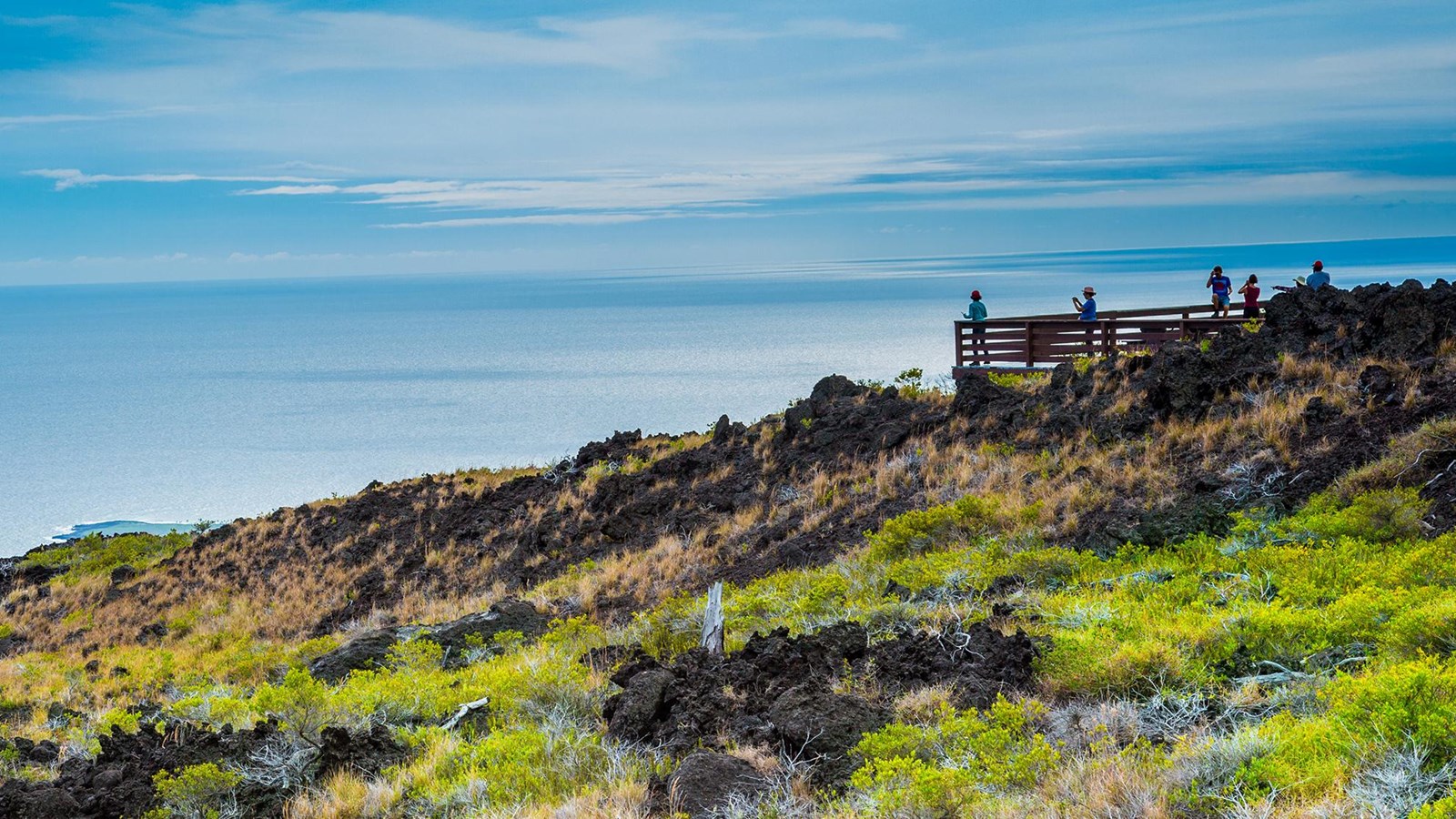 Wooden overlook platform on a hill overlooking the ocean