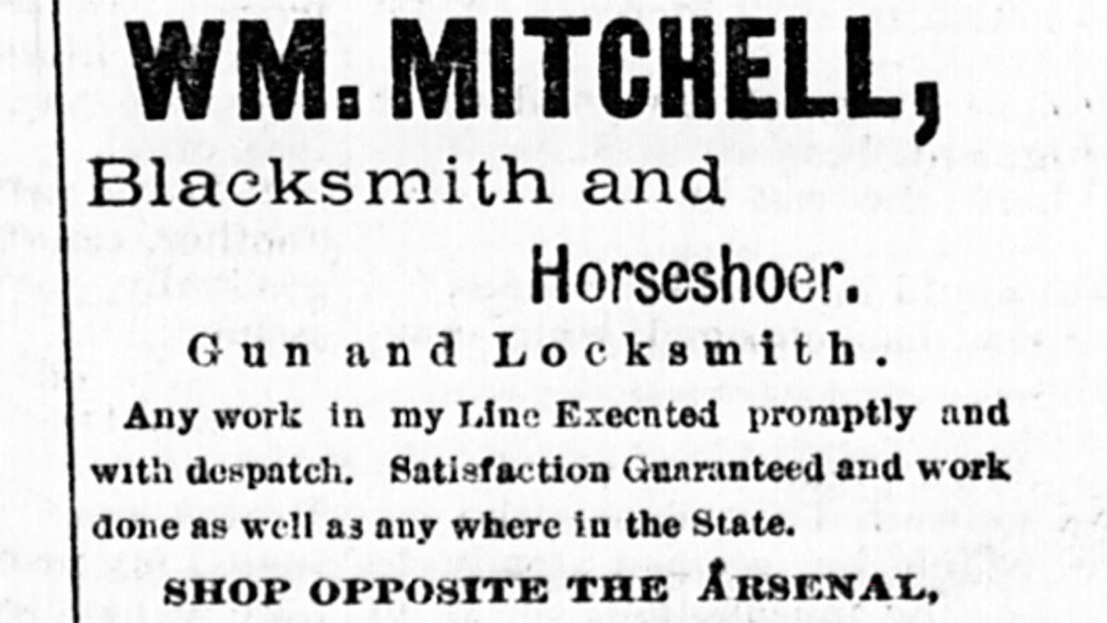 Newspaper advertisement from the 1870s for WM Mitchell, blacksmith.