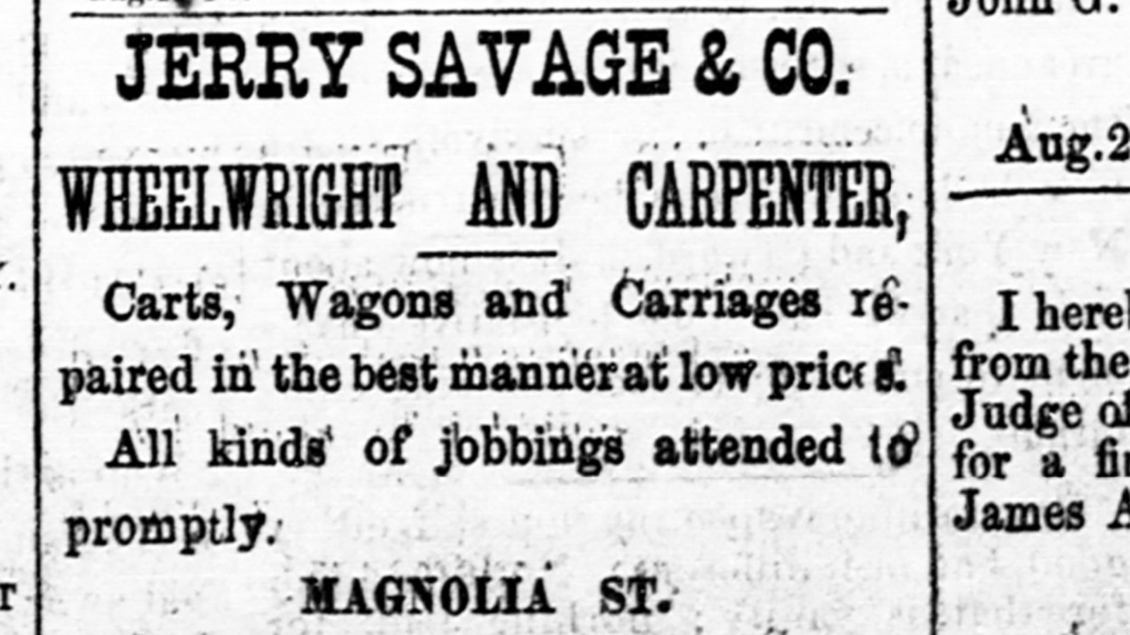 Newspaper advertisement from the 1860s for Jerry Savage Wheelwright.