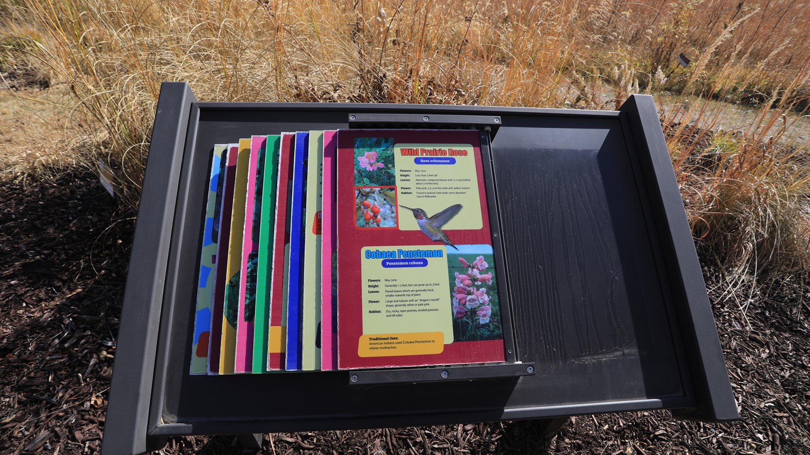 A wayside stands in front of open prairie.