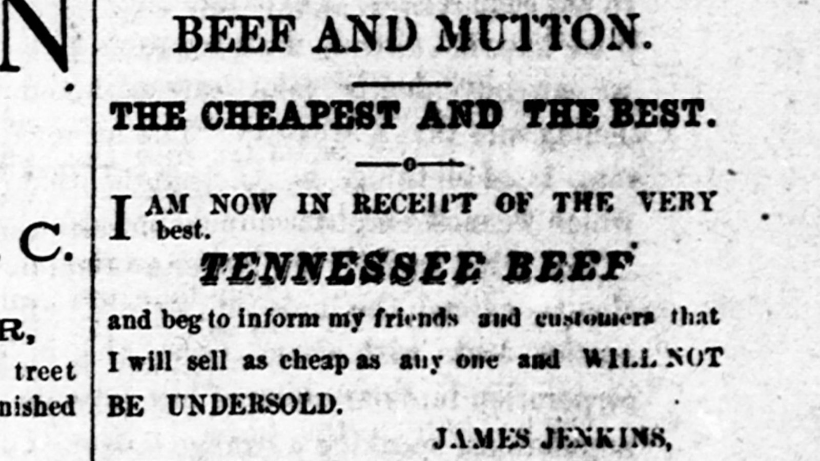 Newspaper advertisement for James Jenkins Beef and Mutton shop.