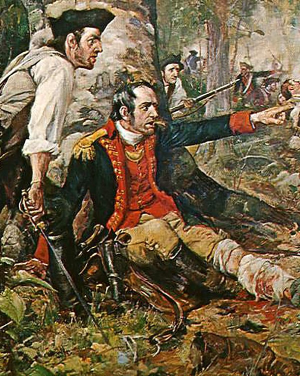 A man in uniform sits under a tree pointing frantically at his soldiers in battle.