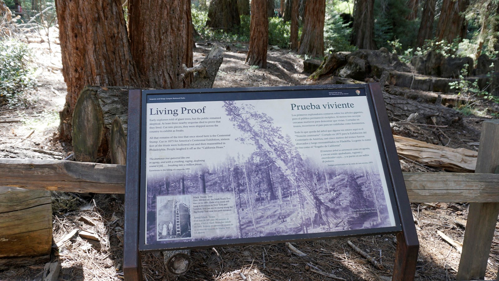 A metal panel with text and images stands in front of a wooden fence. Behind the fence are trees.