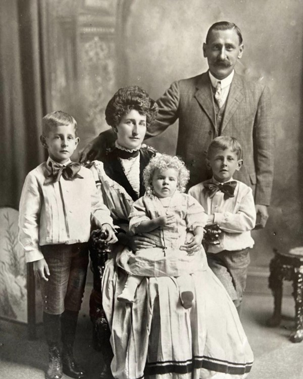 The Engel family, left to right: Ray Engel, Freda Engel, Norma Engel, El Engel, and Hermann Engel. S